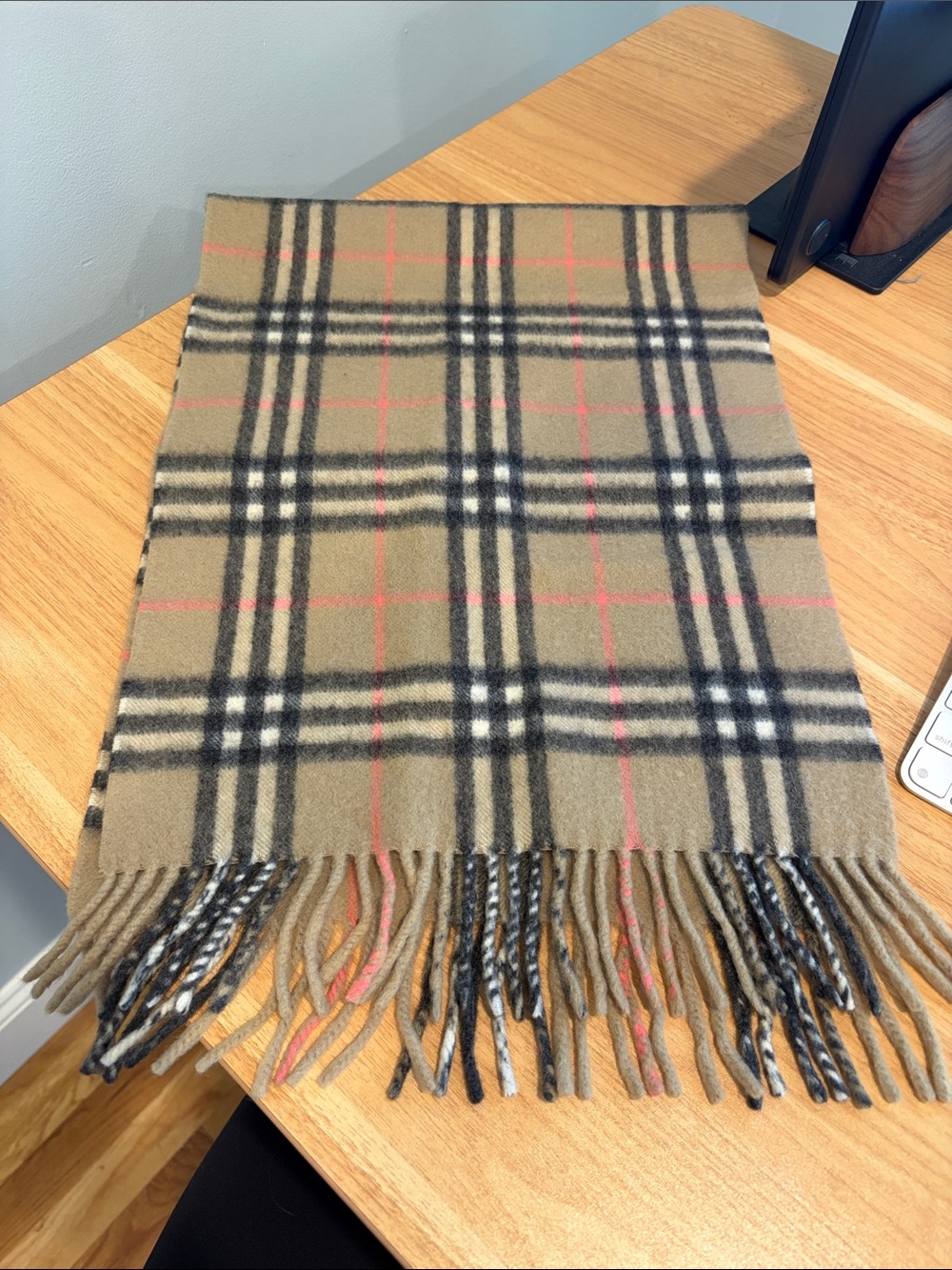 Burberry Beige Check Cashmere Scarf with Black & Red Accents
